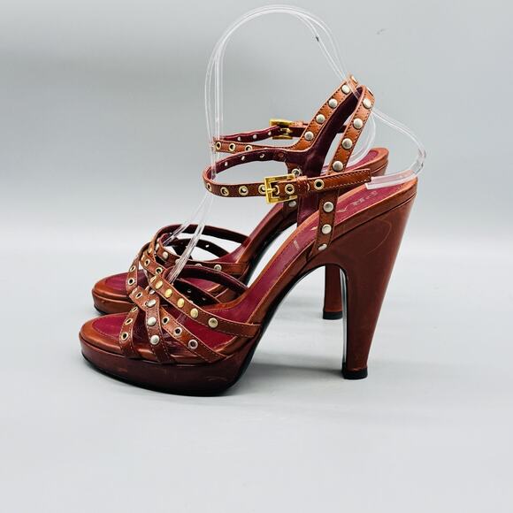 Prada Sandals Womens 6 Brown Leather Studded Strappy Buckle Platform High Heel - Picture 5 of 12